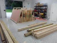 benchwork lumber1  I built a storage rack and then moved the lumber into the garage.  I plan to start construction on the benchwork tomorrow.